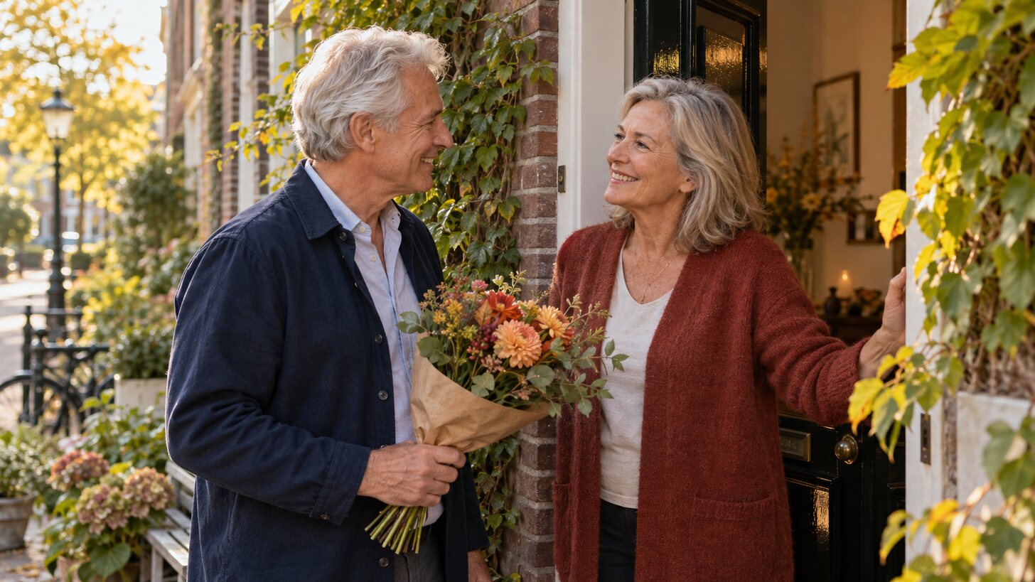 Een man en vrouw boven de zestig begroeten elkaar met bloemen bij de voordeur van een Nederlands huis
