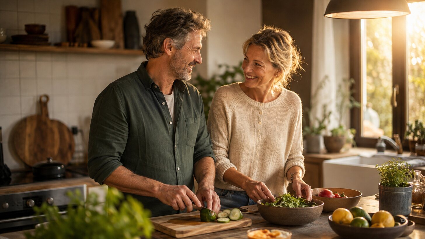Man en vrouw boven de veertig bouwen vertrouwen op terwijl ze samen koken in een warme keuken