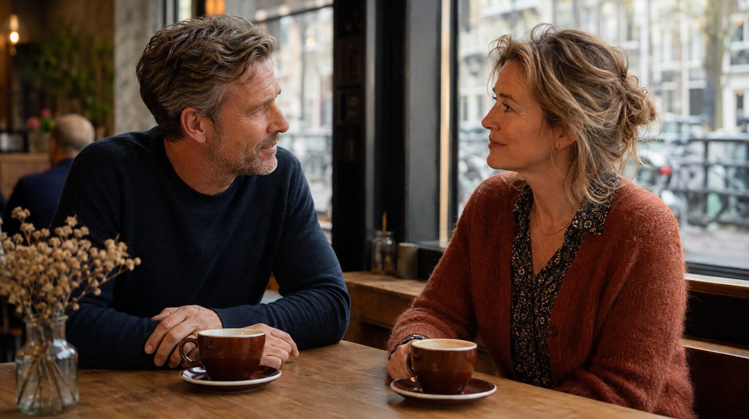 Man en vrouw boven de veertig voeren een ontspannen gesprek tijdens een eerste date in een café
